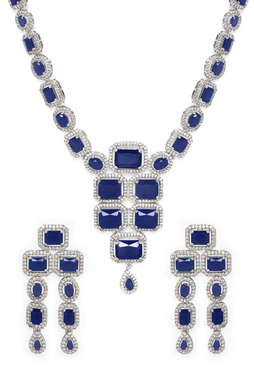 Rubans Rhodium Plated Blue Sapphire & CubicZirconia Studded Premium Statement Necklace Set