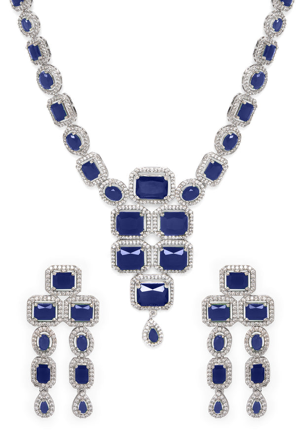 Rubans Rhodium Plated Blue Sapphire & CubicZirconia Studded Premium Statement Necklace Set