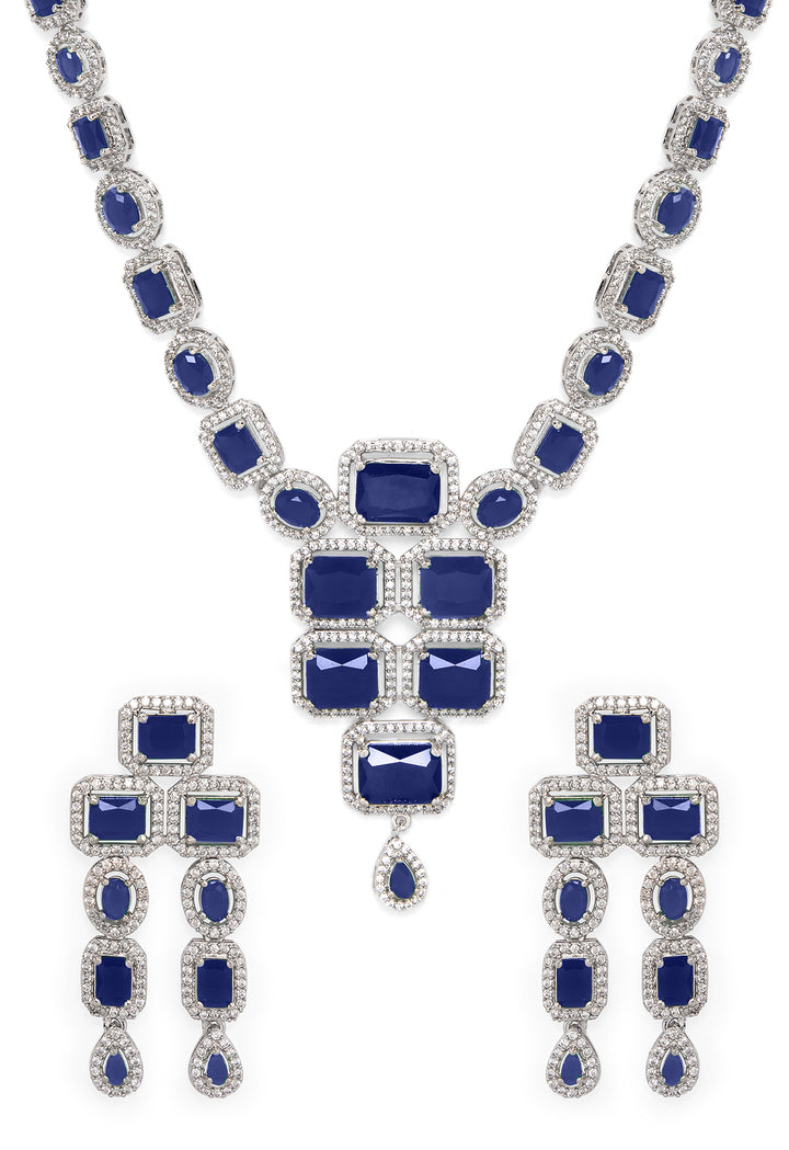 Rubans Rhodium Plated Blue Sapphire & CubicZirconia Studded Premium Statement Necklace Set