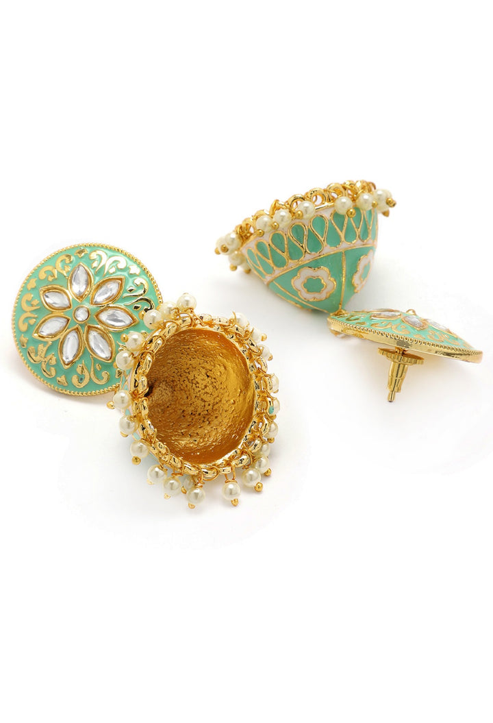 Rubans 18K Gold-Plated & Green Enamel Hand Painted Kundan Dome Shaped Handcrafted Jhumkas