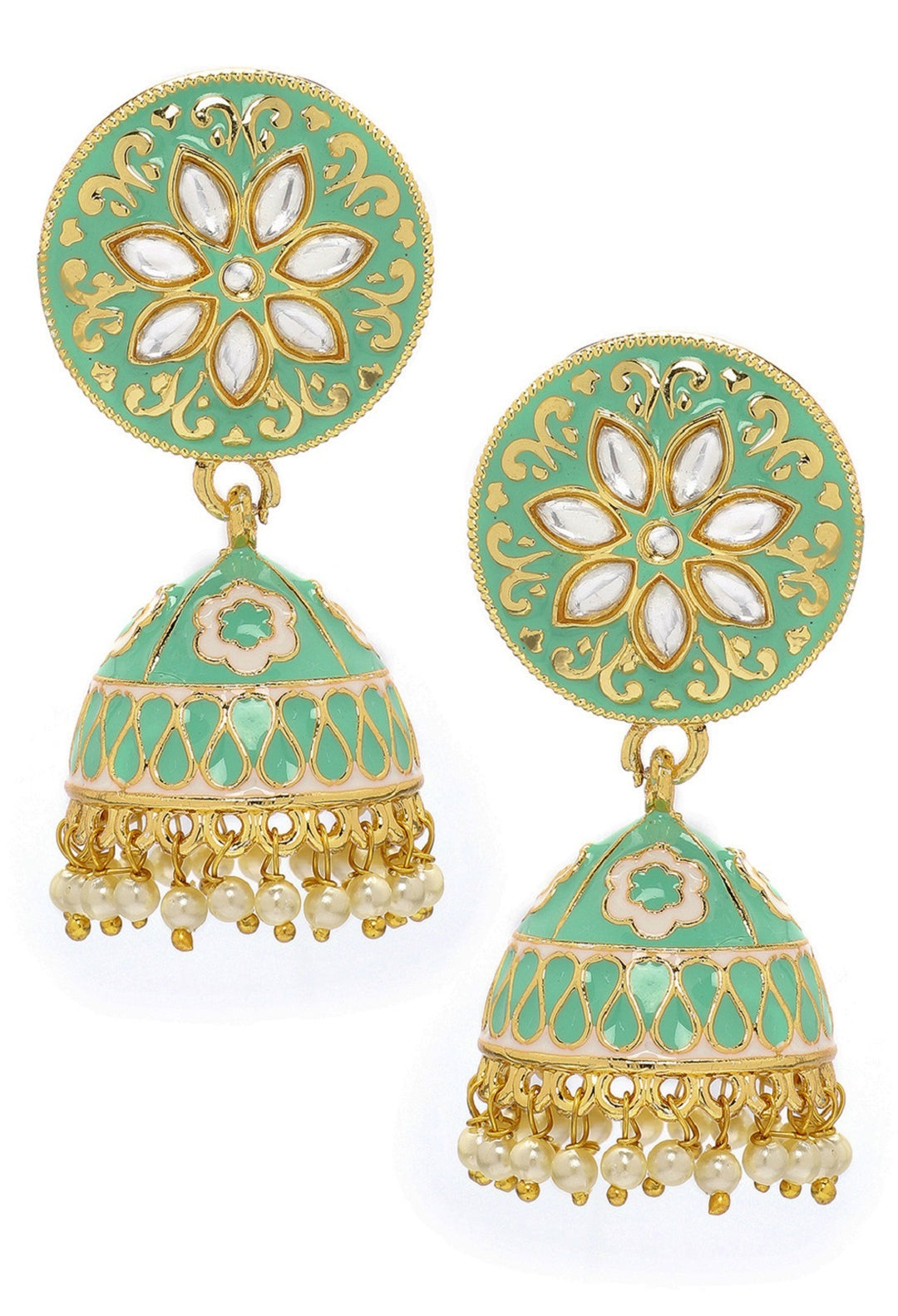 Rubans 18K Gold-Plated & Green Enamel Hand Painted Kundan Dome Shaped Handcrafted Jhumkas