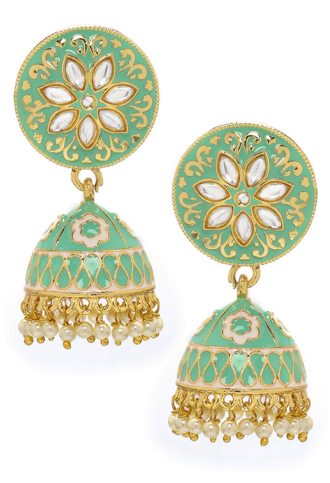 Rubans 18K Gold-Plated & Green Enamel Hand Painted Kundan Dome Shaped Handcrafted Jhumkas
