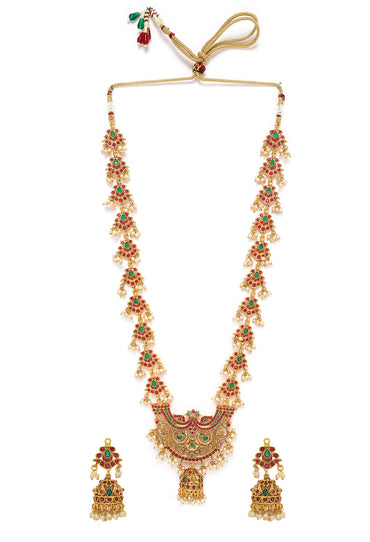 Rubans 22K Gold-Plated Long Jewellery Set with Ruby Red & Emerald Green and Pearl Beads