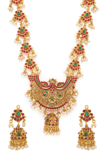 Rubans 22K Gold-Plated Long Jewellery Set with Ruby Red & Emerald Green and Pearl Beads