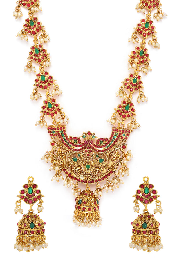 Rubans 22K Gold-Plated Long Jewellery Set with Ruby Red & Emerald Green and Pearl Beads
