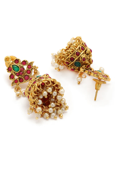 Rubans 22K Gold-Plated Long Jewellery Set with Ruby Red & Emerald Green and Pearl Beads