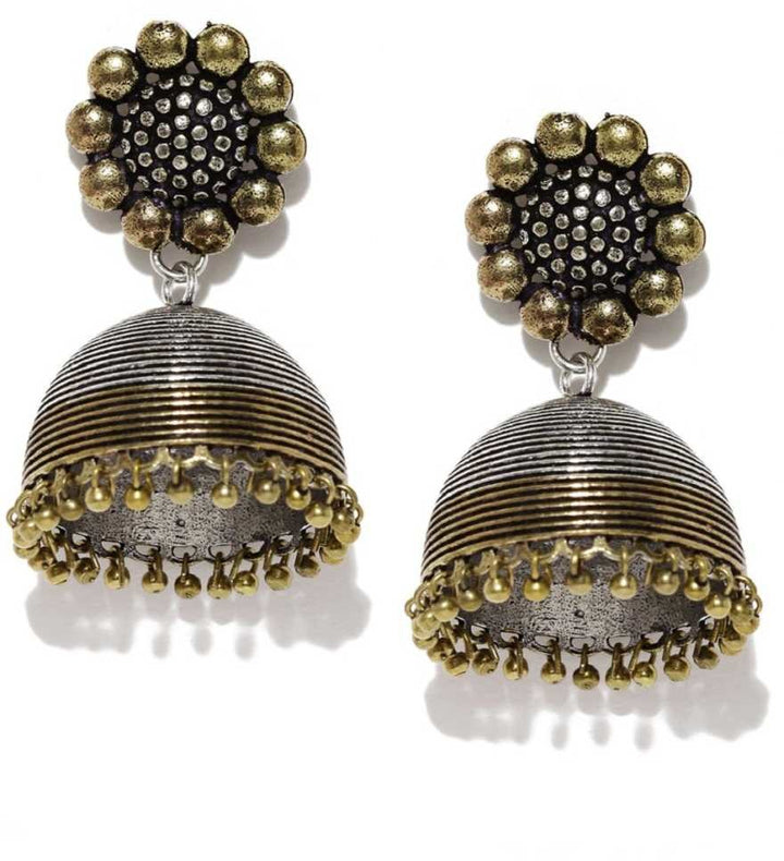 Rubans Oxidised Silver & Antique Gold-Toned Dome-Shaped Jhumkas