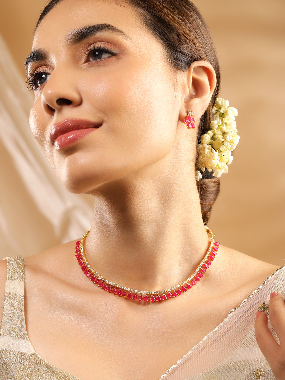 Rubans Gold-Toned & Pink CZ Stone-Studded Necklace Set