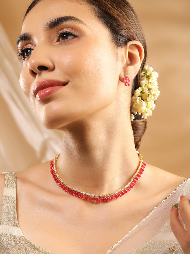 Rubans Gold-Toned & Pink CZ Stone-Studded Necklace Set