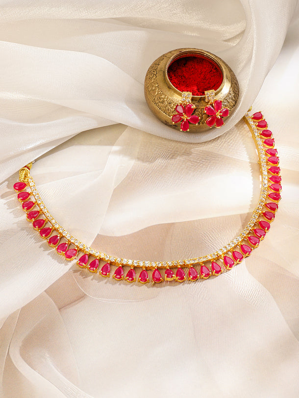Rubans Gold-Toned & Pink CZ Stone-Studded Necklace Set