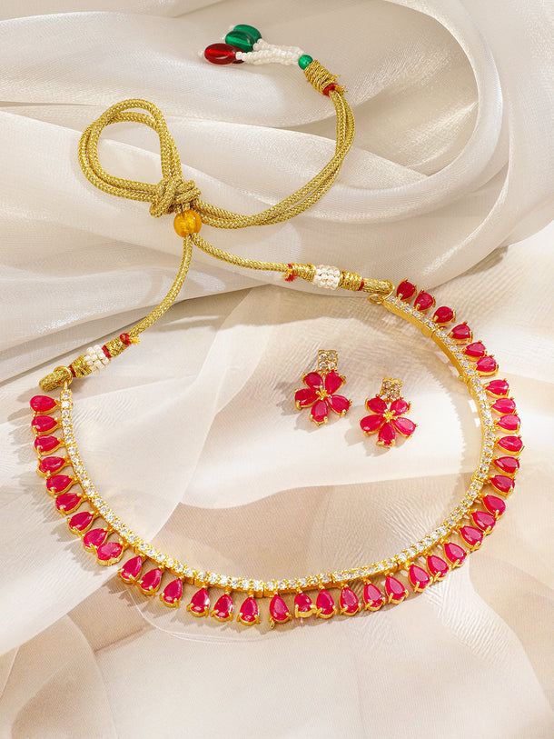 Rubans Gold-Toned & Pink CZ Stone-Studded Necklace Set