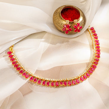 Rubans Gold-Toned & Pink CZ Stone-Studded Necklace Set