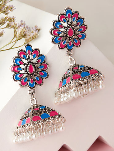 Pink & Blue Oxidised Pearl Drop Jhumkas