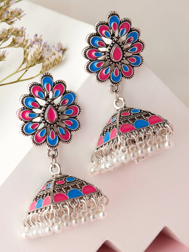 Pink & Blue Oxidised Pearl Drop Jhumkas