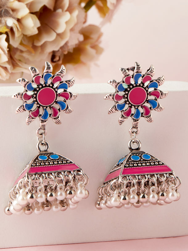 Silver Beaded Pink & Blue Jhumkas