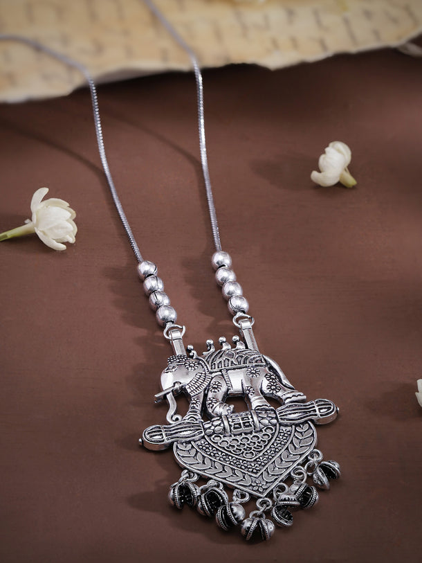 Rubans Silver Oxidised Handcrafted Elephant Pendant Necklace