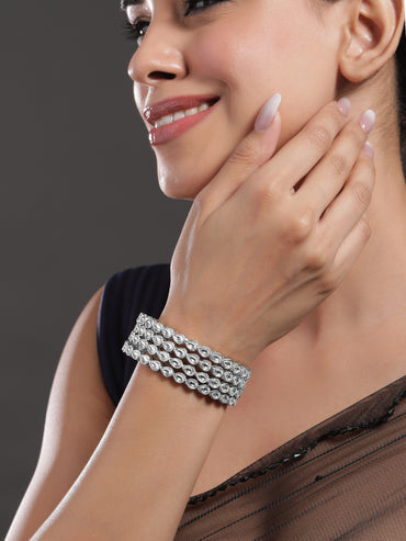 Rubans Set of 4 Rhodium-Plated Crystal White Kundan & Cubic Zirconia Studded Bangle