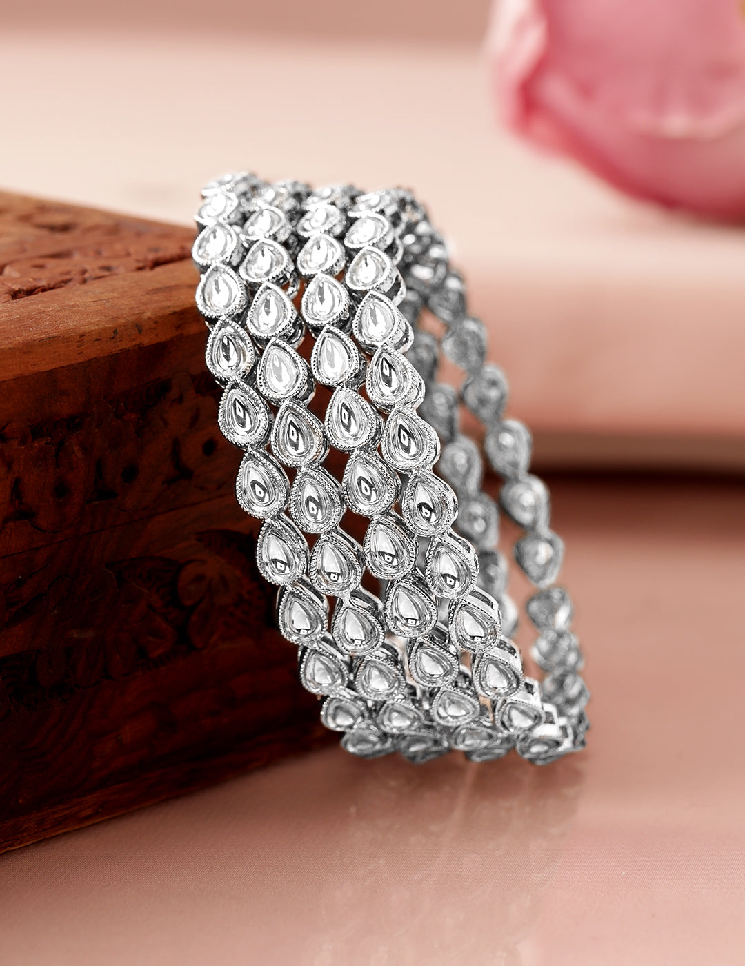 Rubans Set of 4 Rhodium-Plated Crystal White Kundan & Cubic Zirconia Studded Bangle