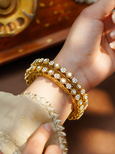Gold Plated Kundan Floral Cluster Bangles Set of 2