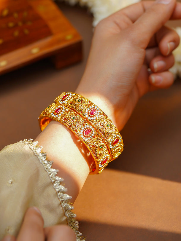 Gold Plated Peacock Ruby Halo Bangles Set of 2