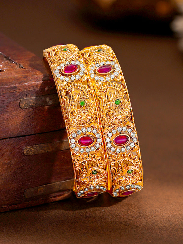 Gold Plated Peacock Ruby Halo Bangles Set of 2