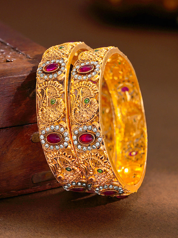 Gold Plated Peacock Ruby Halo Bangles Set of 2