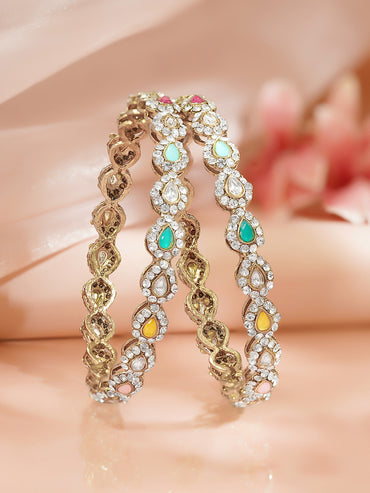 Rubans Set of 2 Gold Plated Kundan Multicolor Bangles