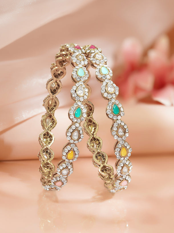 Rubans Set of 2 Gold Plated Kundan Multicolor Bangles
