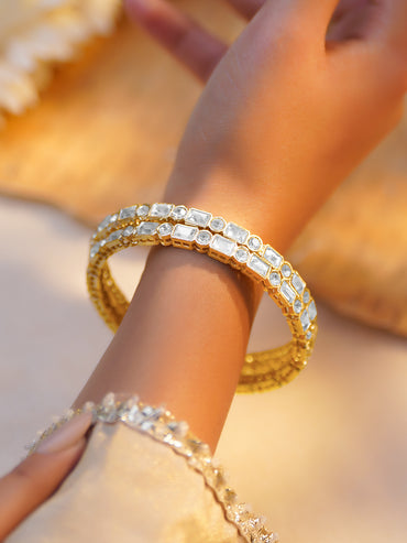 Rubans Set of 2 Rhodium Plated Geometric Kundan Bangles