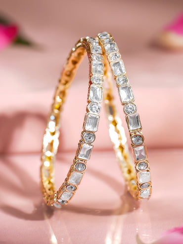 Rubans Set of 2 Rhodium Plated Geometric Kundan Bangles