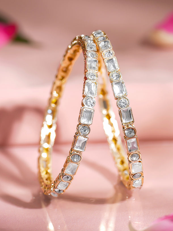 Rubans Set of 2 Rhodium Plated Geometric Kundan Bangles