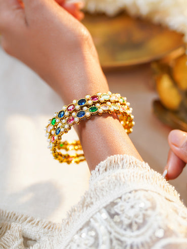 Rubans Set of 4 Multicolor Pearl Kundan Bangles In Gold Tone