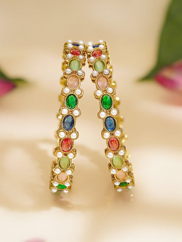Rubans Set of 4 Multicolor Pearl Kundan Bangles In Gold Tone