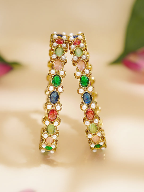 Rubans Set of 4 Multicolor Pearl Kundan Bangles In Gold Tone