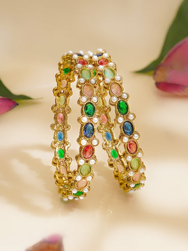 Rubans Set of 4 Multicolor Pearl Kundan Bangles In Gold Tone