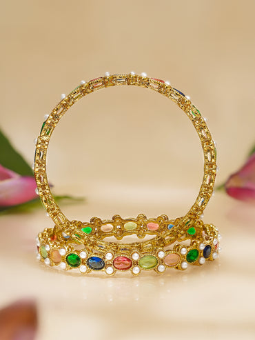 Rubans Set of 4 Multicolor Pearl Kundan Bangles In Gold Tone