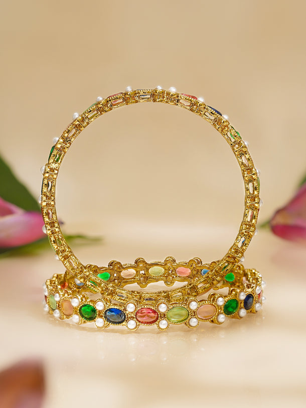 Rubans Set of 4 Multicolor Pearl Kundan Bangles In Gold Tone