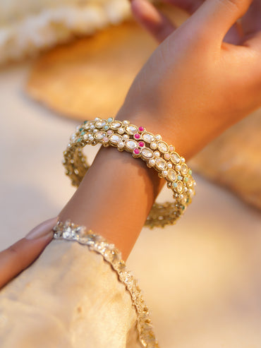 Rubans Set of 2 Gold Plated Pearl Kundan Mullticolor Bangles