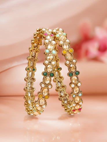 Rubans Set of 2 Gold Plated Pearl Kundan Mullticolor Bangles