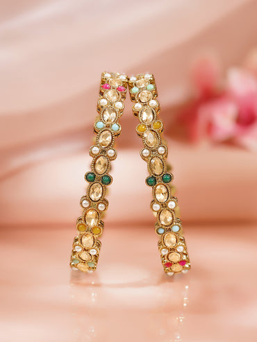 Rubans Set of 2 Gold Plated Pearl Kundan Mullticolor Bangles