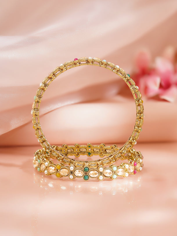 Rubans Set of 2 Gold Plated Pearl Kundan Mullticolor Bangles