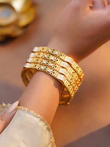 Rubans Set of 4 Pink & Green Studded Meenakari Bangles In Gold Tone