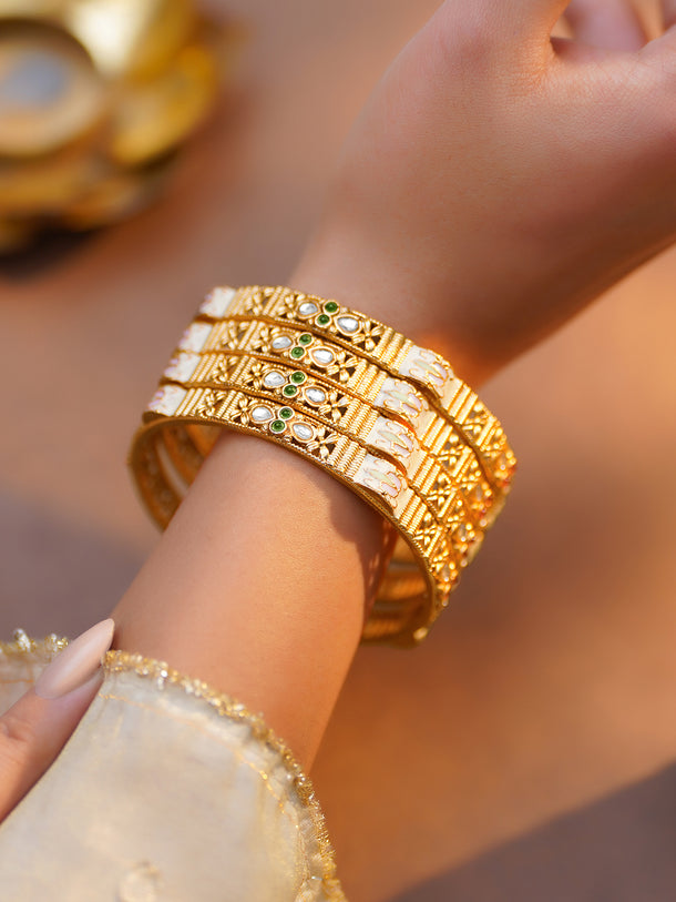 Rubans Set of 4 Pink & Green Studded Meenakari Bangles In Gold Tone