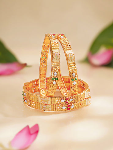 Rubans Set of 4 Pink & Green Studded Meenakari Bangles In Gold Tone