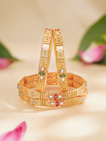 Rubans Set of 4 Pink & Green Studded Meenakari Bangles In Gold Tone