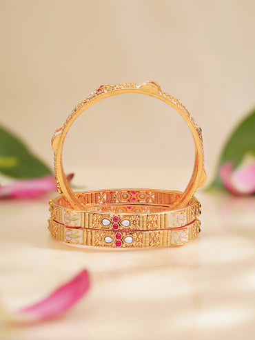 Rubans Set of 4 Pink & Green Studded Meenakari Bangles In Gold Tone