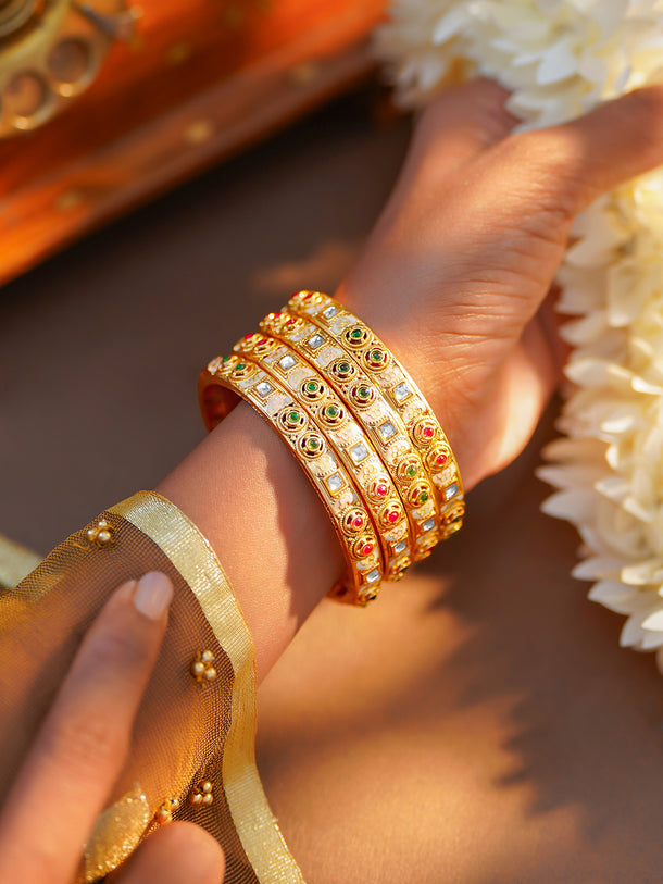 Rubans Set of 4 Pink & Green Studded Enamel Bangles In Gold Tone