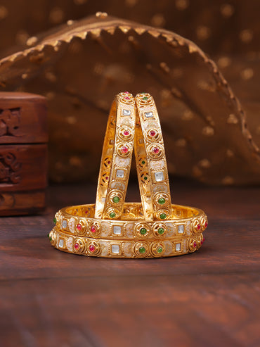 Rubans Set of 4 Pink & Green Studded Enamel Bangles In Gold Tone