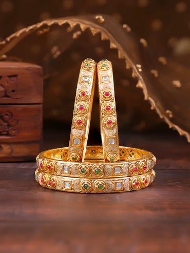 Rubans Set of 4 Pink & Green Studded Enamel Bangles In Gold Tone