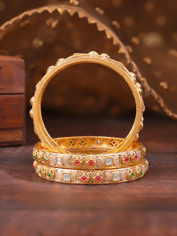 Rubans Set of 4 Pink & Green Studded Enamel Bangles In Gold Tone